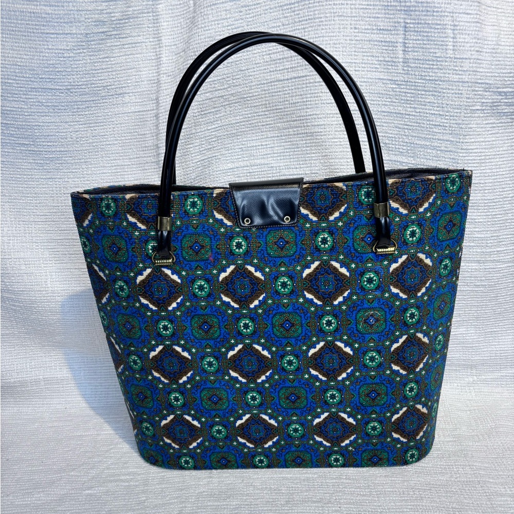 Vintage MCM Geometric Patterned Blue & Green Tapestry Carpet Bag - tote - Picture 3 of 5